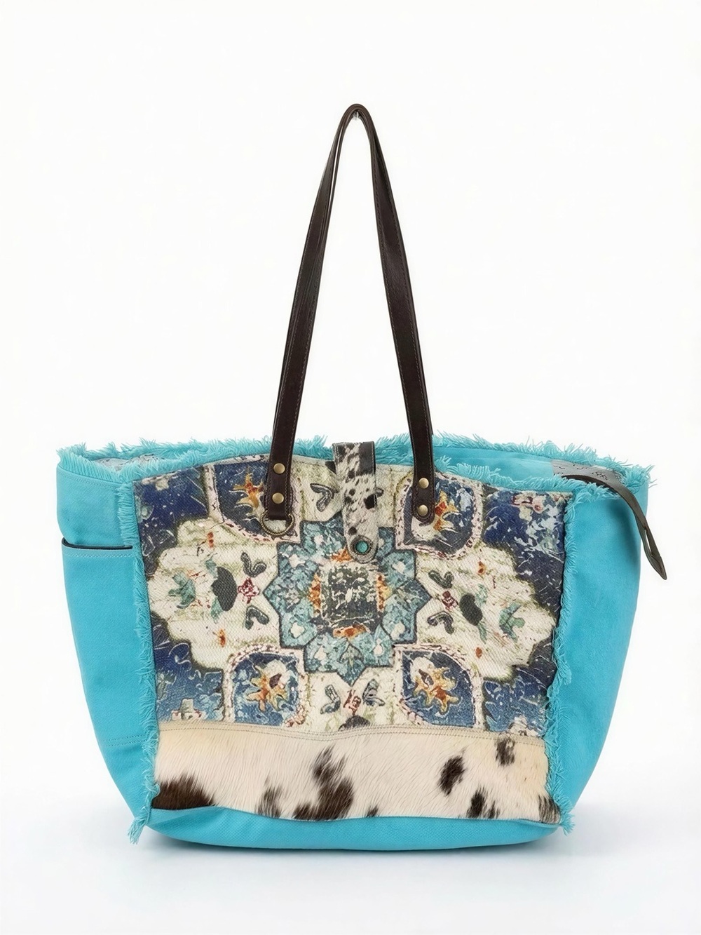 Myra Bag Turquoise Patterned Tote Bag with Calf Hair Accent